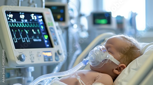 High-resolution photo of a premature infant with a breathing mask, lying comfortably in a neonatal unit with soothing surroundings and balanced composition