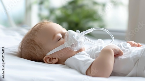 High-resolution photo of a premature infant with a breathing mask, lying comfortably in a neonatal unit with soothing surroundings and balanced composition