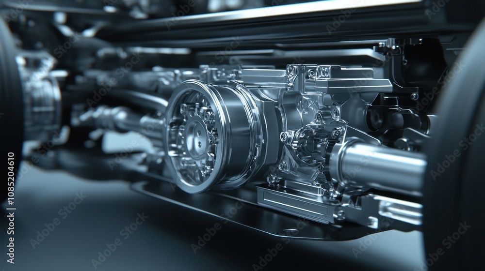 Fototapeta premium Lifelike truck structure with a focus on the detailed metal chassis and axle system