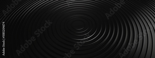 Concentric circles on black background with copy space for design. Ideal for modern banner templates, abstract dark circular pattern wallpaper, simple dark abstract background.