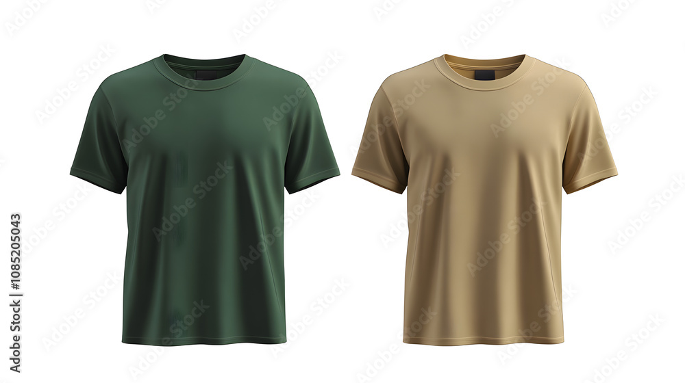 Front view of two plain t-shirts in beige and green, respectively, presented against a plain white backdrop. Perfect for casual wear or design templates. Front view of two plain t-shirts in beige and green, respectively, presented against a plain white backdrop. Perfect for casual wear or design templates.