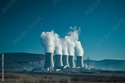 Powerful industrial landscape featuring cooling towers. The rising steam creates a dramatic effect against the clear sky. A symbol of energy generation. Generative AI photo