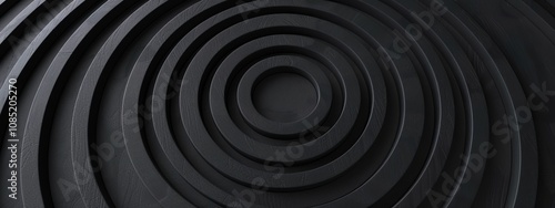 Black background with concentric circles for design. Banner template with white space in the center for text. Suitable for minimalist abstract wallpaper and contemporary graphic design.