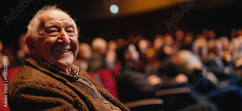 Elderly man smiling in theater, audience in background, warm atmosphere, joyful expression, engaging performance photo