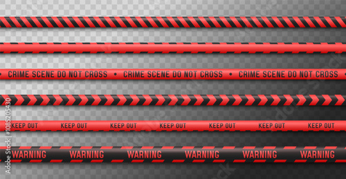 Set of red caution tapes. Security line. Crime scene barrier tape. Seamless ribbons. Vector illustration.
