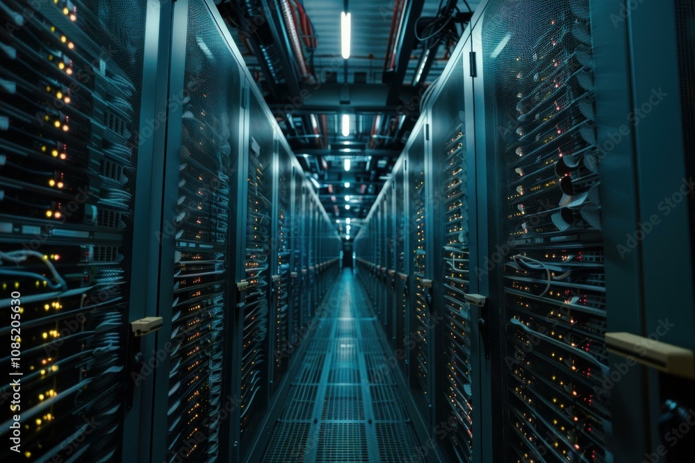Server room with numerous servers storing data in a modern data center Server room with numerous servers storing data in a modern data center