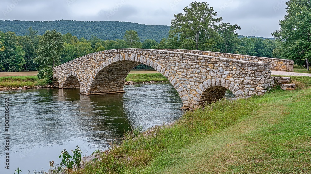 A stone arch bridge spans a calm river, surrounded by lush greenery and hills. A stone arch bridge spans a calm river, surrounded by lush greenery and hills.