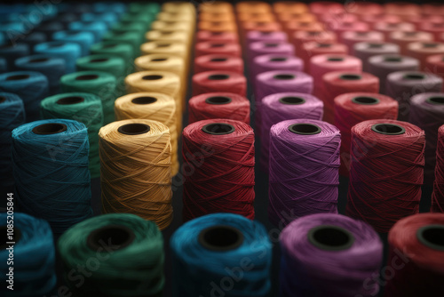 Colorful spools of thread arranged in mechanical array create vibrant display. variety of hues adds lively touch to any creative project