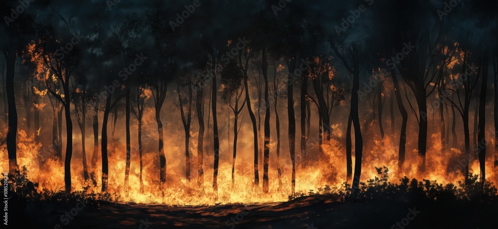 Forest fire raging through trees, intense flames consuming vegetation, dark smoke rising, eerie atmosphere, destruction evident Forest fire raging through trees, intense flames consuming vegetation, dark smoke rising, eerie atmosphere, destruction evident