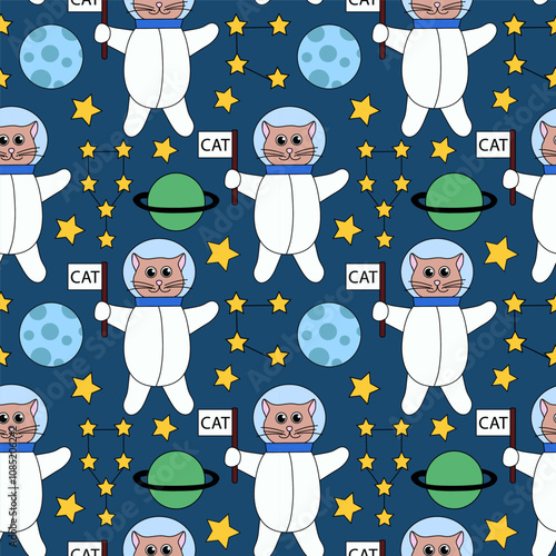 Space Seamless Pattern with Cute cat astronaut with flag, Planets and Stars, Constellation. Vector Background for Kids Design. Flat Illustration.