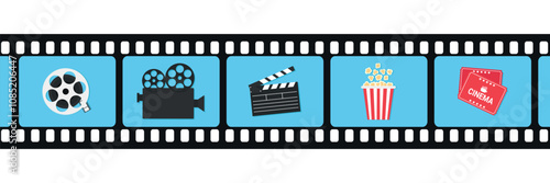 Cinema icons in filmstrip frames. Film reel, camera, clapperboard popcorn and cinema tickets. Vector illustration