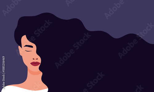 Beautiful brunette woman with long hair. Female with flowing hair beauty banner. For beauty salon, hair salon, Womens Day. Vector illustration