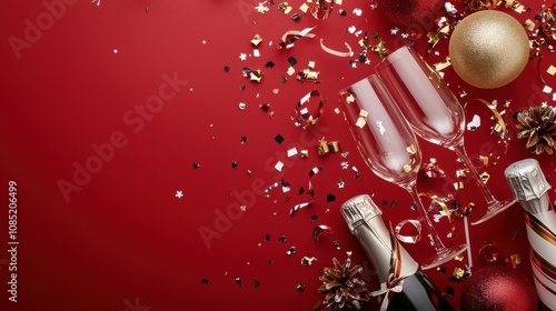New Years Eve party elements, such as confetti, streamers, and champagne flutes, artistically scattered on a deep red background,