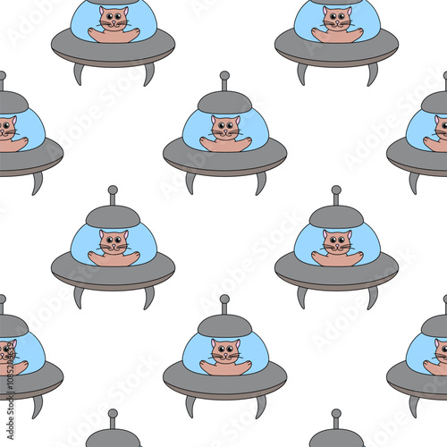 Seamless Pattern with funny cat in UFO spaceship. Flat vector Illustration.