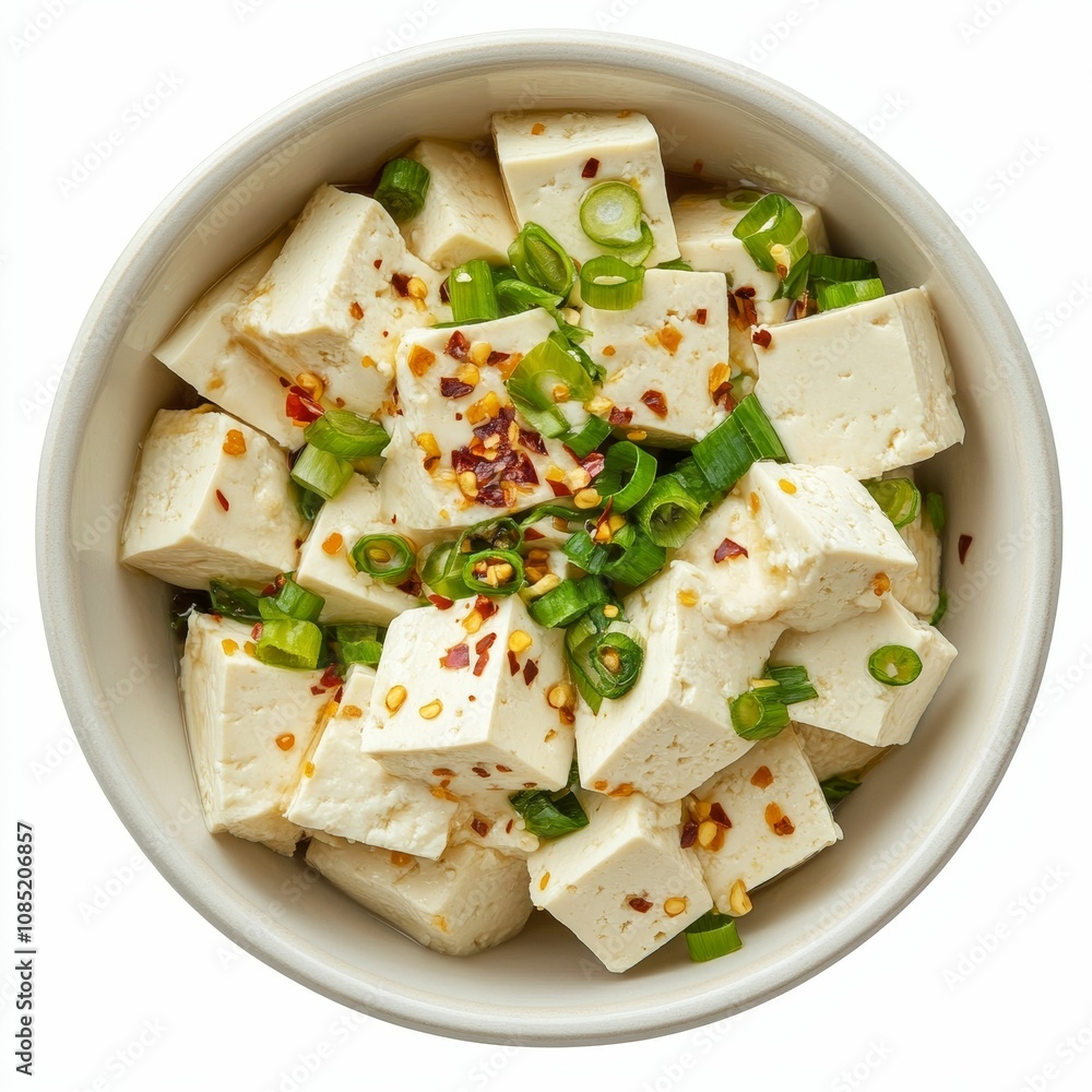 Tofu salad with scallions and chili flakes. Tofu salad with scallions and chili flakes.