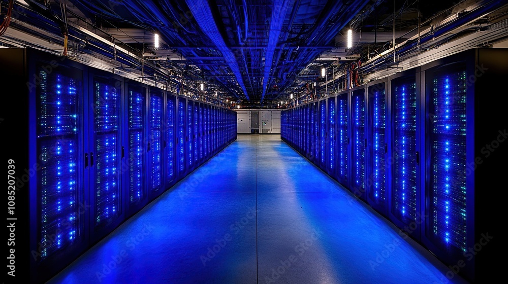 A corridor of server racks illuminated with blue lights in a data center. A corridor of server racks illuminated with blue lights in a data center.