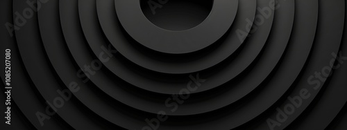 Concentric rings on a black background, minimalist design banner template with white space for text. Ideal for sophisticated and elegant presentations, websites, and modern designs.