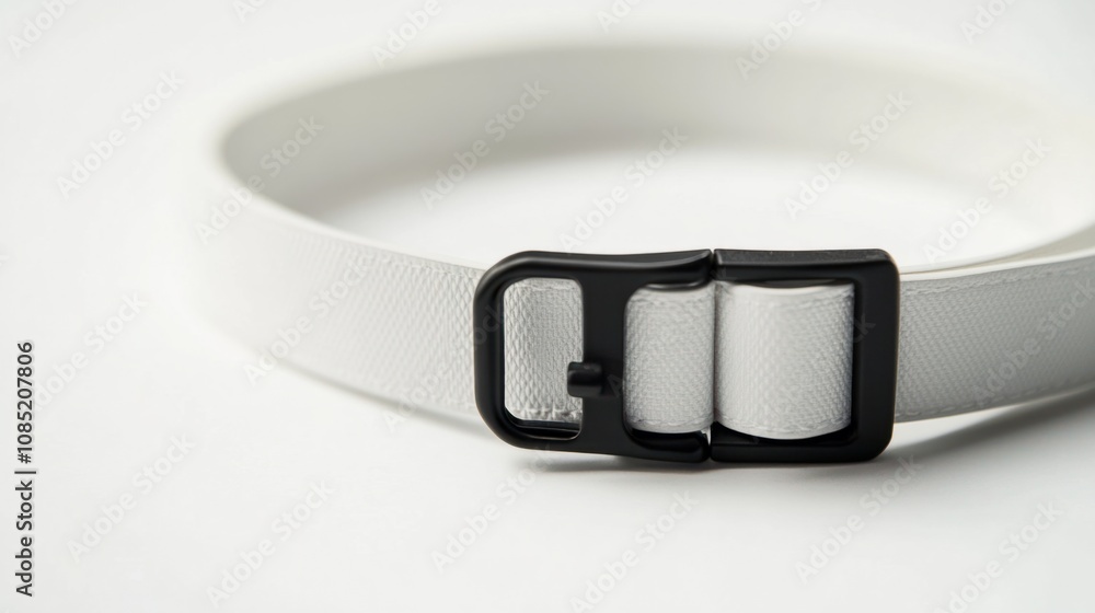 Blank white dog collar mockup with a black plastic buckle, isolated on a clean white background Blank white dog collar mockup with a black plastic buckle, isolated on a clean white background