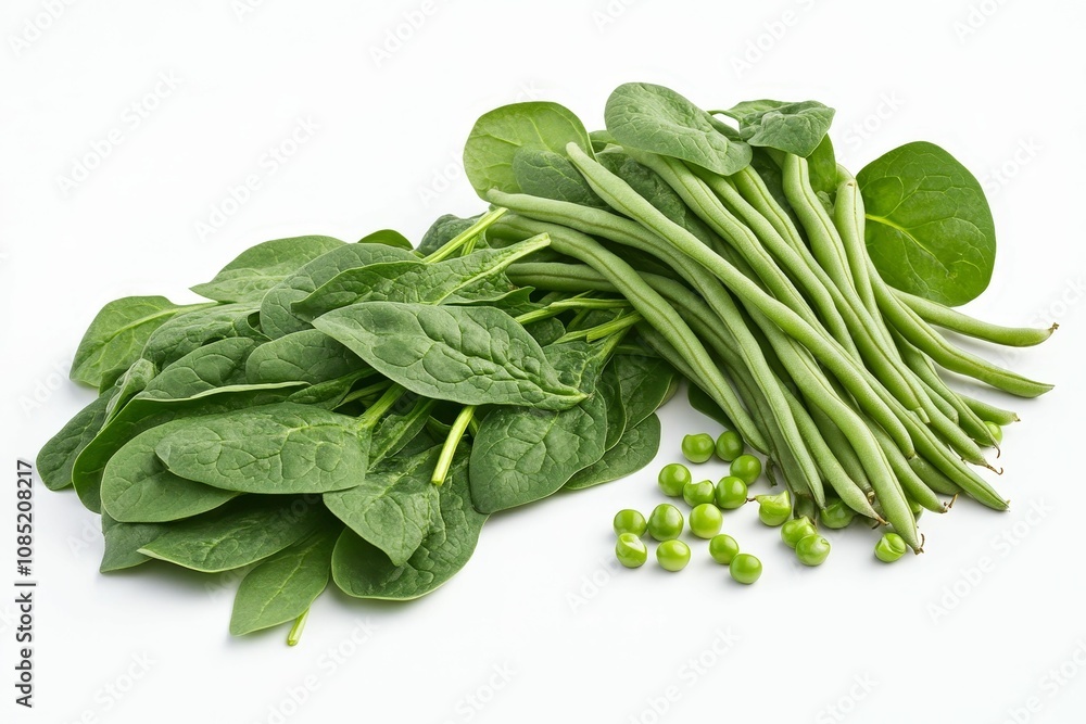 Green beans, spinach, peas on white background. Green beans, spinach, peas on white background.