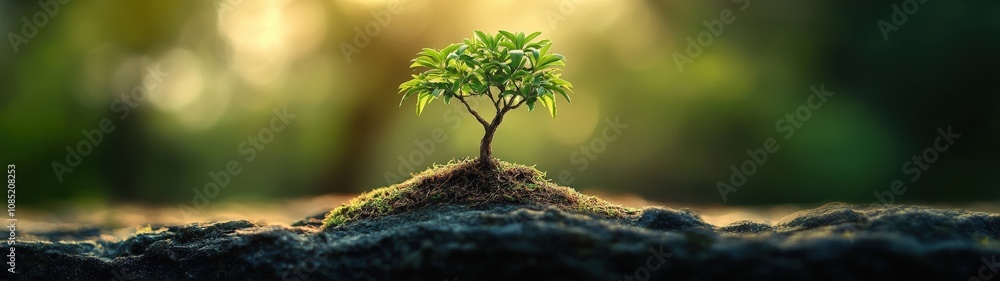 A tiny tree sprouting from the soil, symbolizing growth and resilience in nature's beautiful environment. A tiny tree sprouting from the soil, symbolizing growth and resilience in nature's beautiful environment.