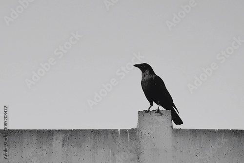 Silhouette of a Raven Perched on a Wall in Monochrome photo