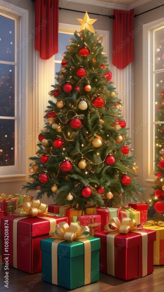 A stunning, classic depiction of a Christmas tree adorned with vibrant red and gold ornaments, sparkling lights, and a large golden star with a red ribbon as the tree topper. The tree is surrounded by A stunning, classic depiction of a Christmas tree adorned with vibrant red and gold ornaments, sparkling lights, and a large golden star with a red ribbon as the tree topper. The tree is surrounded by