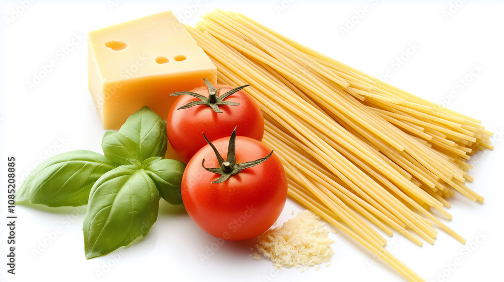 Fresh spaghetti ingredients with tomatoes, basil, Parmesan cheese, and garlic on a white background. Perfect for Italian recipes, cooking blogs, and culinary advertisements. Fresh spaghetti ingredients with tomatoes, basil, Parmesan cheese, and garlic on a white background. Perfect for Italian recipes, cooking blogs, and culinary advertisements.