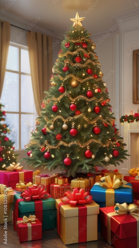 A stunning, classic depiction of a Christmas tree adorned with vibrant red and gold ornaments, sparkling lights, and a large golden star with a red ribbon as the tree topper. The tree is surrounded by A stunning, classic depiction of a Christmas tree adorned with vibrant red and gold ornaments, sparkling lights, and a large golden star with a red ribbon as the tree topper. The tree is surrounded by