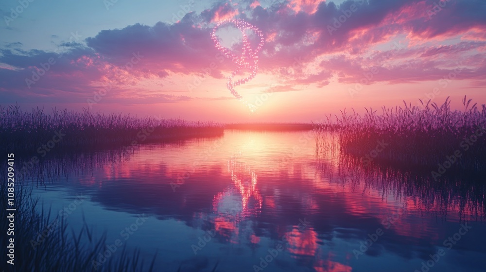 Fototapeta premium Pink ribbon sunset reflection.