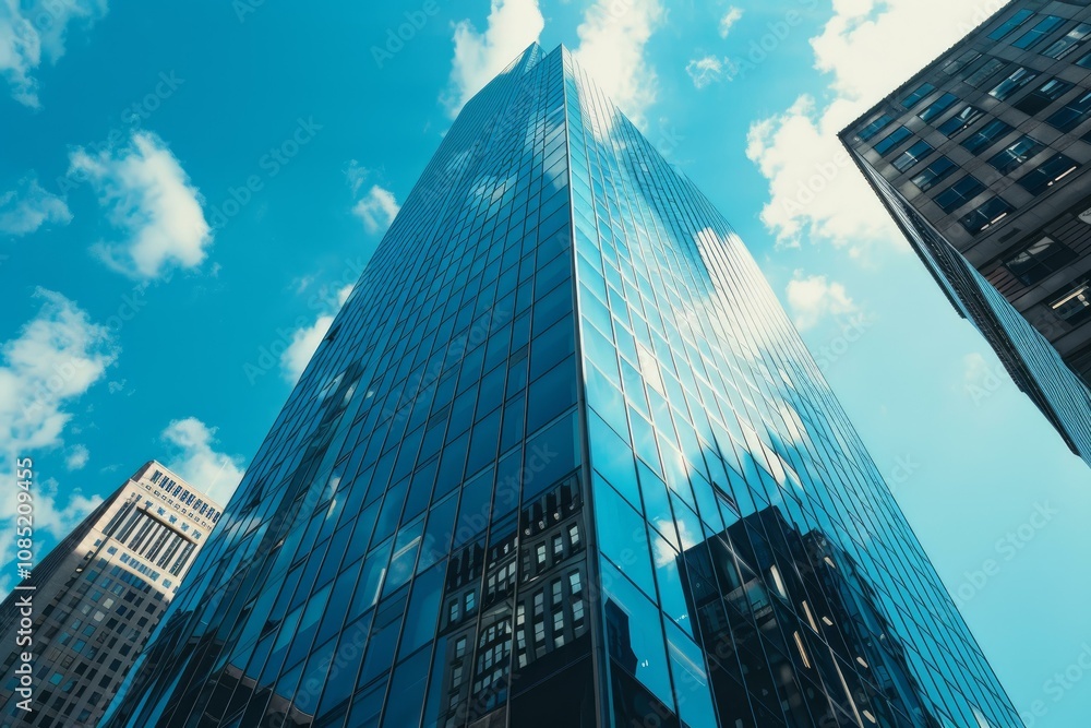 Obraz premium Modern glass skyscraper reflecting clouds on a sunny day in a big city