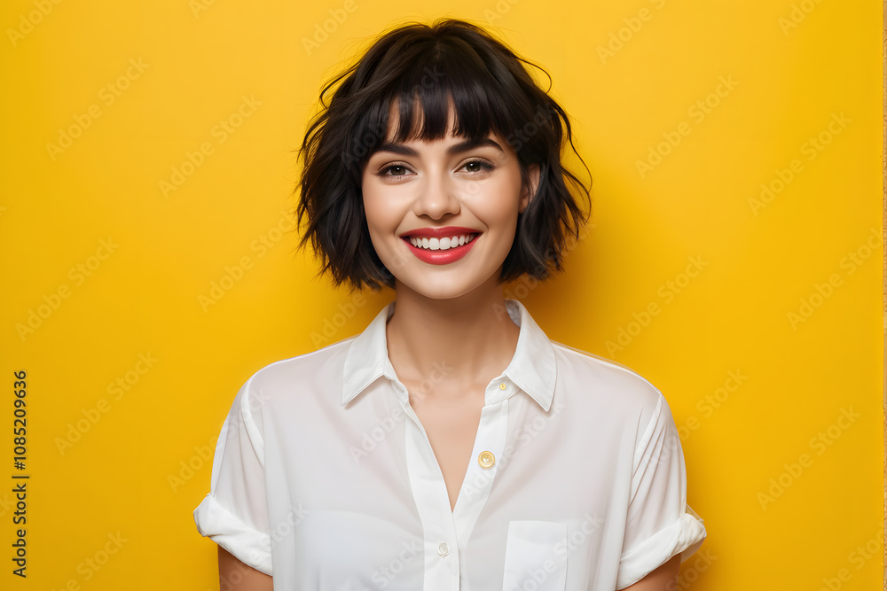 A woman with short hair and a white shirt is smiling at the camera A woman with short hair and a white shirt is smiling at the camera