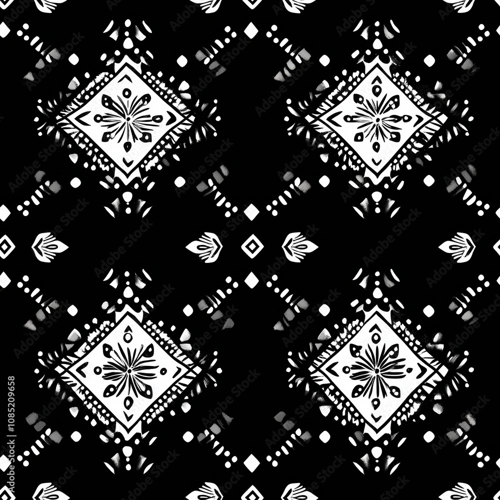 Fototapeta premium A bold and graphic Aztec-inspired pattern in black and white. The intricate design features geometric shapes, diamonds, and floral motifs. Perfect for fashion, home decor, and digital projects
