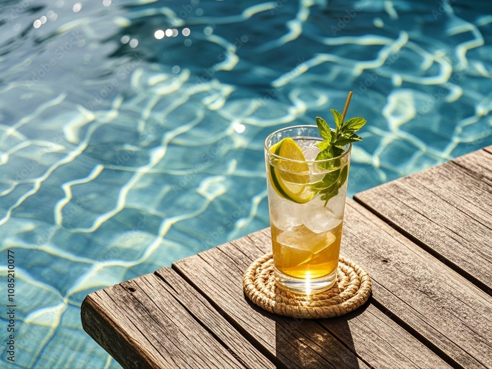 A refreshing cocktail sits on a rustic wooden table next to a beautiful swimming pool