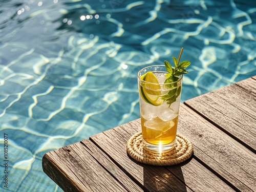 Obraz na płótnie A refreshing cocktail sits on a rustic wooden table next to a beautiful swimming pool w salonie