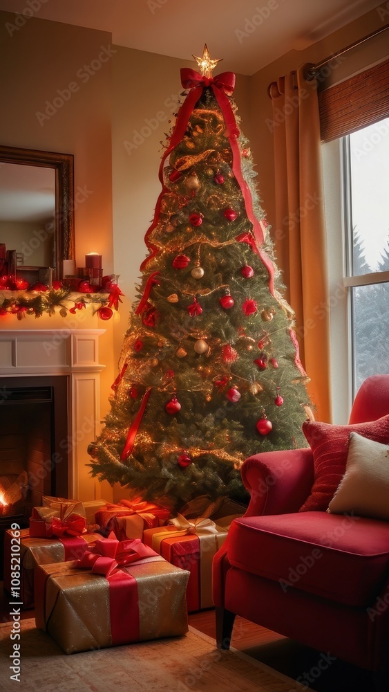 A stunning, classic depiction of a Christmas tree adorned with vibrant red and gold ornaments, sparkling lights, and a large golden star with a red ribbon as the tree topper. The tree is surrounded by A stunning, classic depiction of a Christmas tree adorned with vibrant red and gold ornaments, sparkling lights, and a large golden star with a red ribbon as the tree topper. The tree is surrounded by