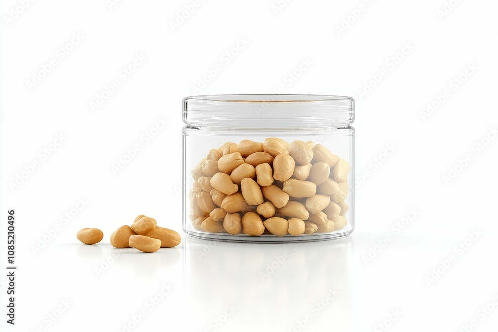 Glass jar full of peanuts, some spilled. Glass jar full of peanuts, some spilled.