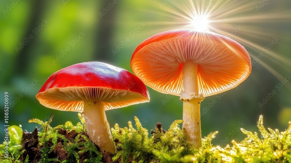 Mushrooms in sunlight on a peaceful forest floor, ample space for text Mushrooms in sunlight on a peaceful forest floor, ample space for text