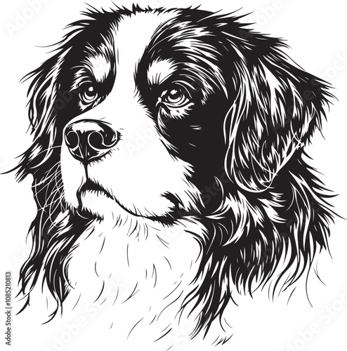 Bernese Mountain Dog Puppy Portrait Linear Drawing Sketch Art Black and White Vector Illustration