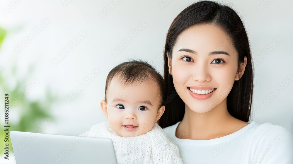 Smiling young woman holding adorable baby while using laptop in bright indoor environment with soft lighting and greenery in the background, conveying warmth and connection Smiling young woman holding adorable baby while using laptop in bright indoor environment with soft lighting and greenery in the background, conveying warmth and connection