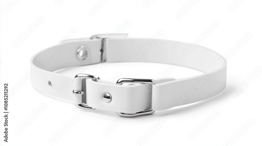 White dog collar with plastic buckle, isolated for mockup, blank design on a white background White dog collar with plastic buckle, isolated for mockup, blank design on a white background