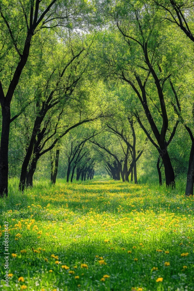 Serene spring scene sunlit path through lush green trees, vibrant yellow wildflowers carpet the ground. Perfect for nature, tranquility, peace themes. Serene spring scene sunlit path through lush green trees, vibrant yellow wildflowers carpet the ground. Perfect for nature, tranquility, peace themes.