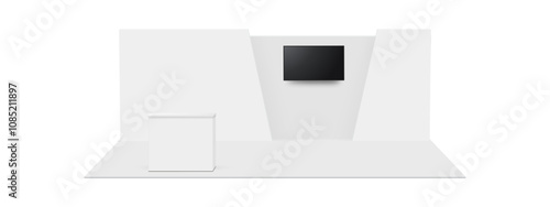 Blank Exhibition Trade Show Display With TV Monitor And Counter, Front View, Isolated On White Background. Vector Illustration