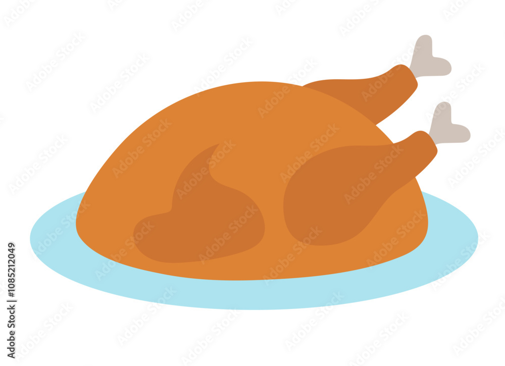 Roasted chicken or turkey on plate. Food element. Vector flat illustration. Roasted chicken or turkey on plate. Food element. Vector flat illustration.