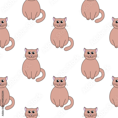 Seamless Pattern with Brown cute cat. Vector flat illustration.