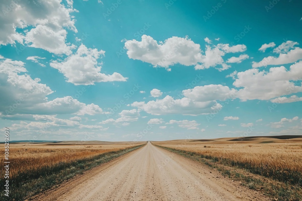 Fototapeta premium Serene Country Road Under a Vast Blue Sky