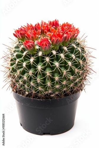 A potted cactus with red flowers. photo