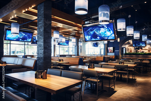 Modern Restaurant Design with Interactive Digital Signage Screens for Engaging Customer Experience
