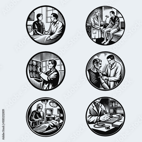Doctor examines patient, looks at x-ray, performs surgery. Set of vector sketches in the style of line art on medical themes
