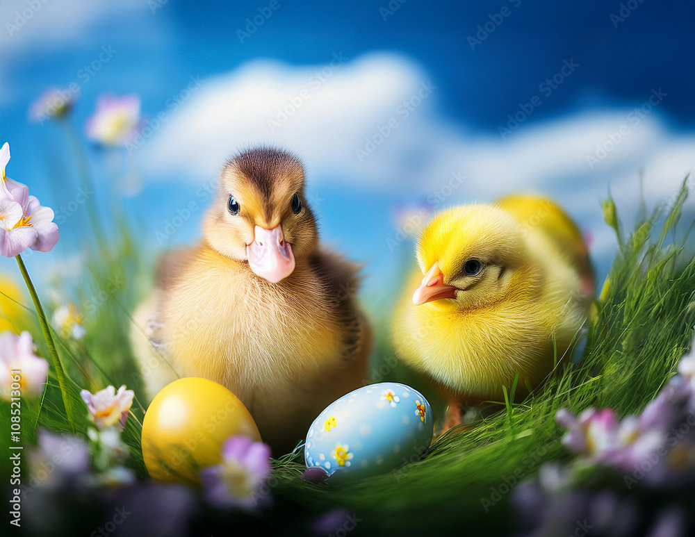 Ein Enten , - und ein Hühnerkücken mit Ostereiern