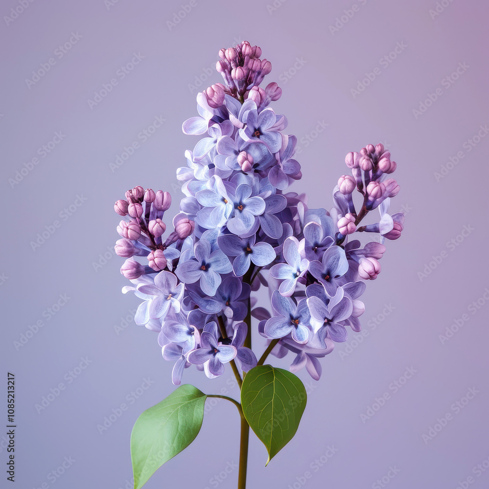 Studio shot of a beautiful lilac flower showcasing delicate purple petals and lush green leaves on a soft gradient background